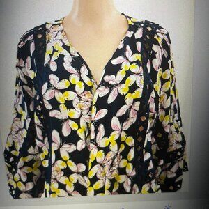 Anthropologie Meadow Rue Butterfly Print Navy Kimono Open Front Top Sz L